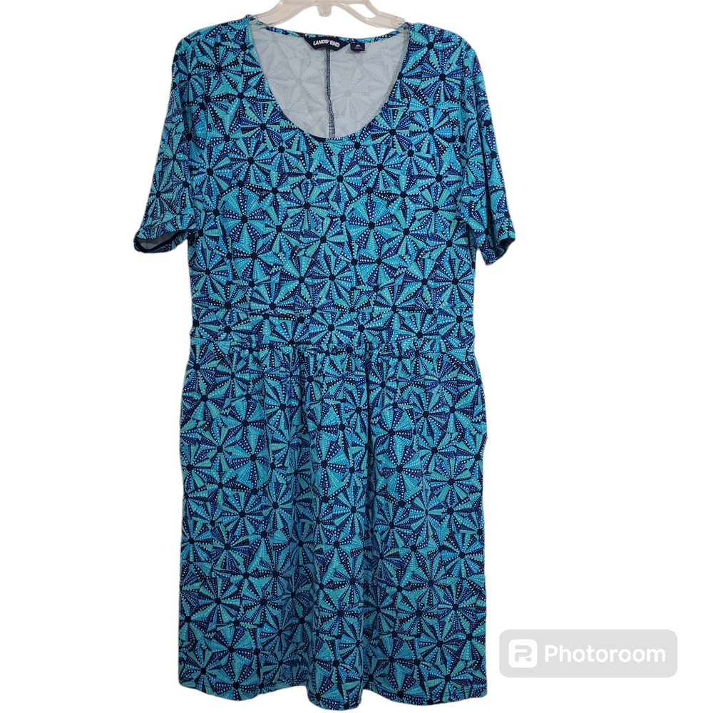 Lands' End Elbow Sleeve Fit Flare Dress Teal Blue Geometric Casual Comfy Travel